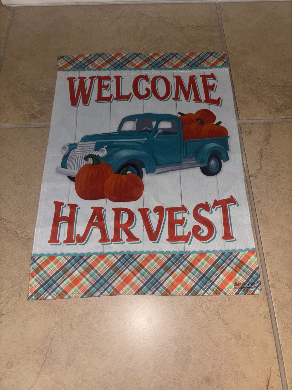 Welcome Harvest Teal Truck Fall Garden Flag